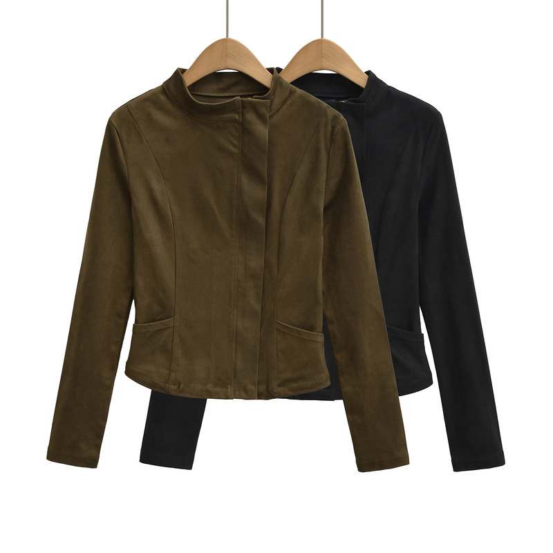 Cl2610-26 Early Spring New Style Korean-Style Stand-Up Collar Slim-Fit Waist-Cinching Jacket with Diagonal Zipper Long Sleeves Single-Piece Thin Short Coat Cl2610-26 Early Spring New Style Korean-Style Stand-Up Collar Slim-Fit Waist-Cinching Jacket with Diagonal Zipper Long Sleeves Single-Piece Thin Short Coat