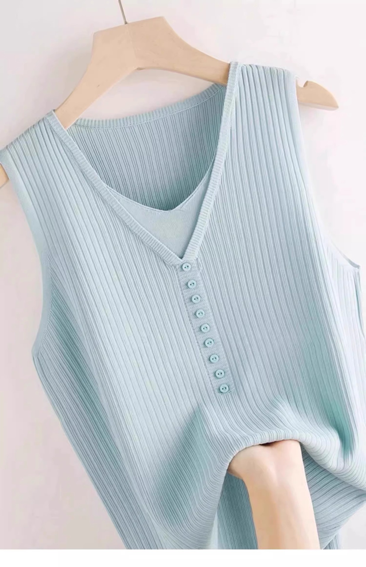 Áo hai dây dệt kim giả hai mảnh lụa băng nữ, mặc trong áo sơ mi hoặc blazer, không tay — Màu đen chi tiết 8