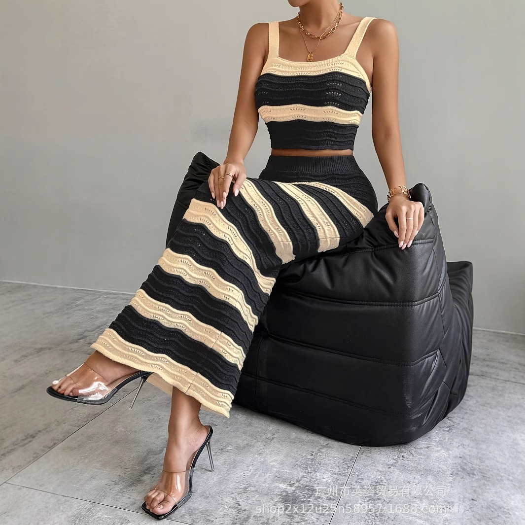 2025跨境外贸女装亚马逊针织条纹吊带上衣西性感包臀半身裙套装