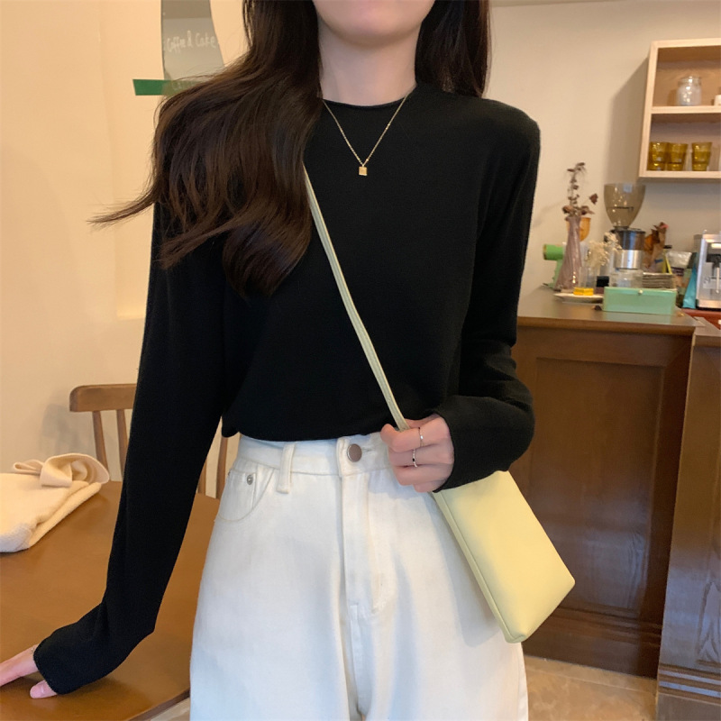 韩版基础款圆领卷边针织衫打底女早秋慵懒风毛衣长袖软糯内搭上衣|undefined