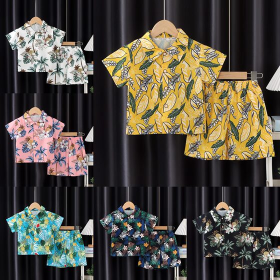 New Children's Beach Short-sleeved Shirt suit Boys and Girls Loose Flower Shirt Holiday Style Short-sleeved Shorts Two-piece Set