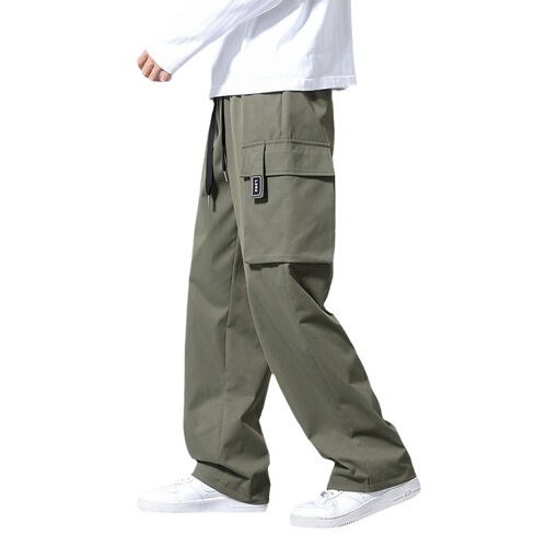 Long multi-pocket summer pants, casual loose-fit oversized men's straight-leg work pants, breathable for spring and autumn.