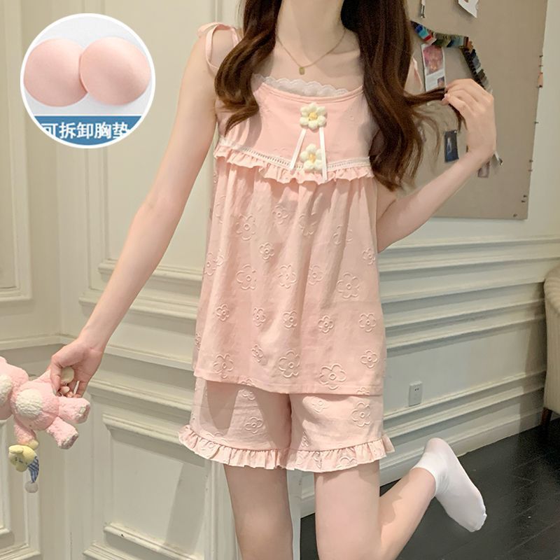 Pijamas de estilo nuevo de verano al por mayor transfronterizo con almohadilla para el pecho, eslinga de algodón de nube en relieve tejido, traje de servicio a domicilio de estilo princesa