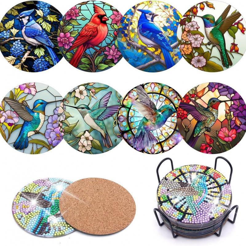 Ventas transfronterizas calientes de 8 piezas de conjunto de cojín de taza de arte de diamante, con soporte, pequeño conjunto de pintura de diamante, adecuado para adultos