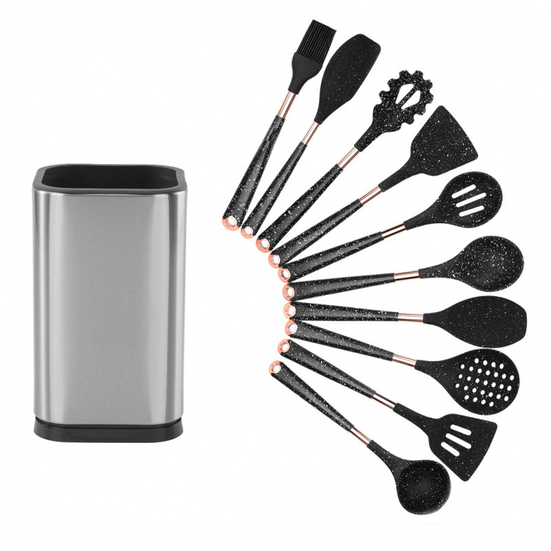 Nuevo juego de utensilios de cocina de silicona, juego de 11 piezas, mango de revestimiento para el hogar, utensilios de cocina, sartén antiadherente, juego de cubo de almacenamiento