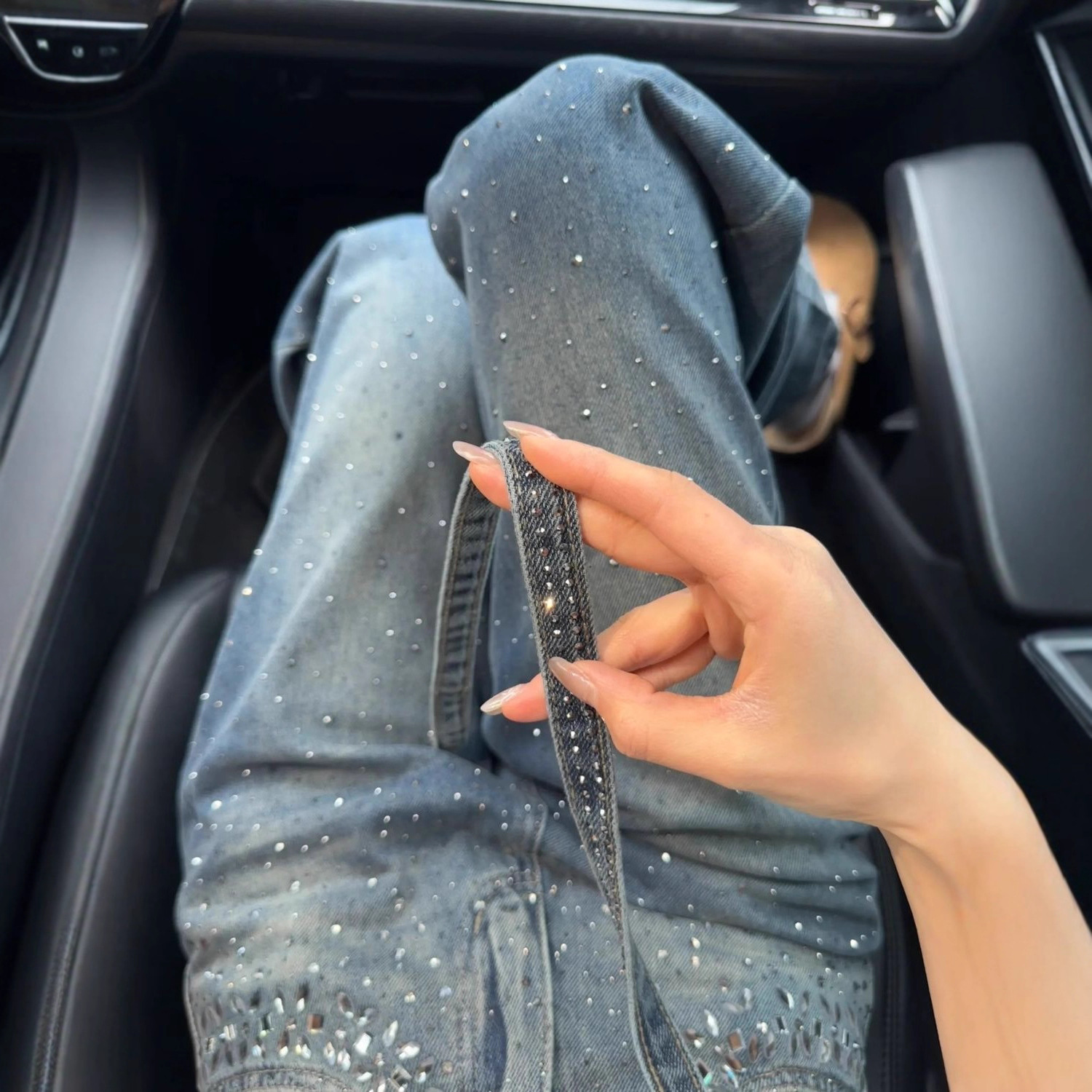 Women's High-Waisted Straight Leg Jeans Rhinestone Design Blue with Belt S M L XL XXL_voghion.com