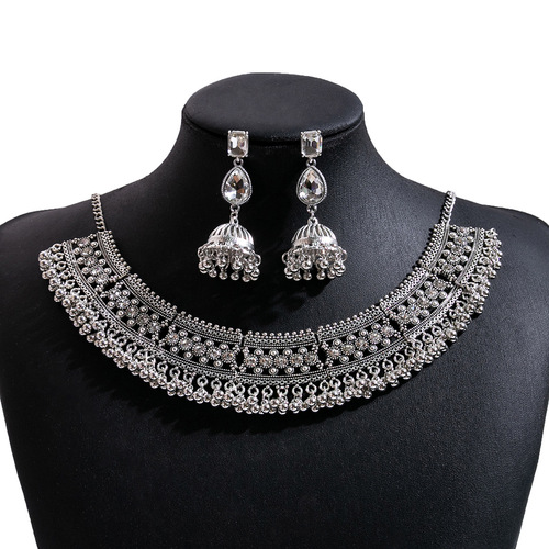 European and American personalized bell water drop tassel earrings, high-end full diamond dinner necklace, square geometric jewelry set