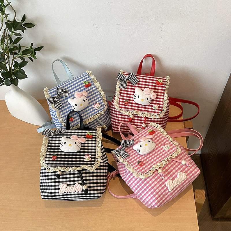 Мини‑рюкзак (Hello Kitty) в клетку с кружевом, 17×9×21 см, лёгкий 0,27 кг