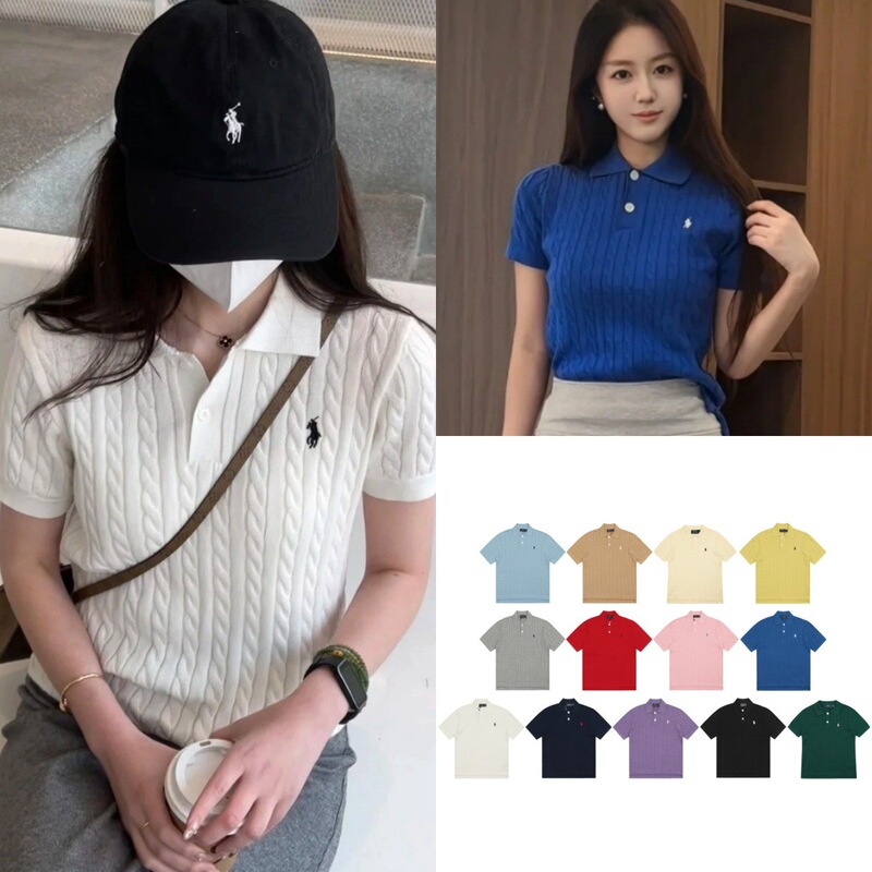 Rl Ralph Lauren Embroidered Two-Button Cable Knit Polo Women's Knitwear Short-Sleeve Pure Cotton Top Sleeveless Vintage