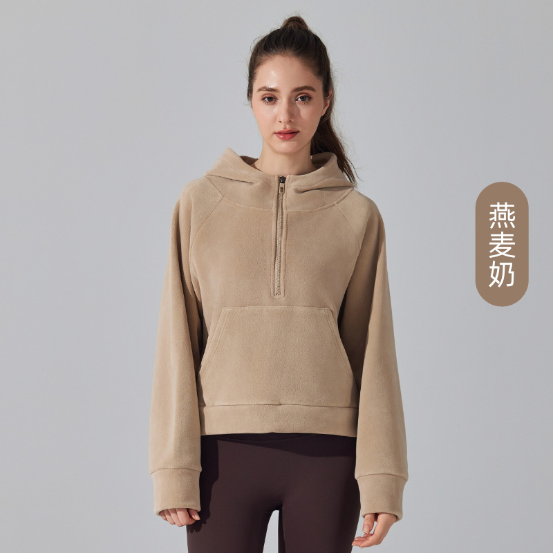 Otoño y invierno de lana de grano nuevo suelto con chaqueta de yoga encapuchada de lana con cremallera gruesa calentada abrigo deportivo casual versátil image 9