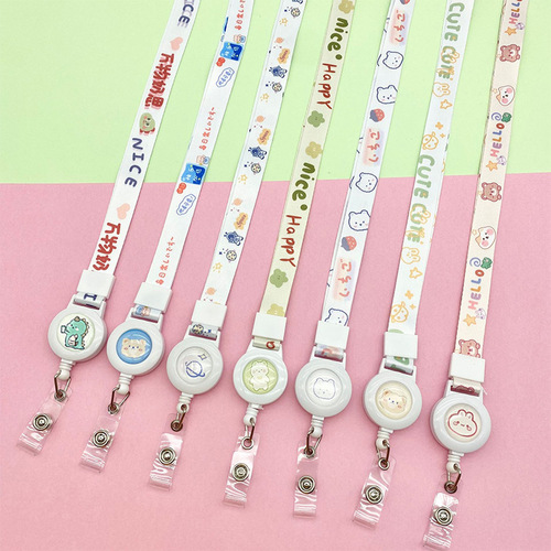 Cartoon retractable easy-pull buckle lanyard wholesale student card holder hanging neck long rope adjustable work badge card chest card sling