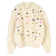 韩版棒针套头毛衣上衣女圆领亮片宽松气质显瘦秋冬新款长袖毛衣厚