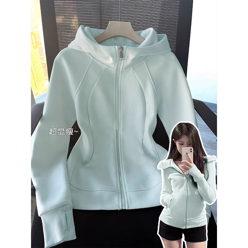 9-Color Slim Sweatshirt Jacket for Women to Wear in Spring, Right Shoulder Hooded Sports Waist Short Top, Spring Short Jacket