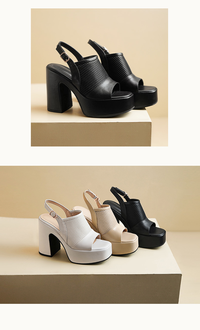 Sandal cao gót nữ hở mũi đế xuồng da thật gót thô 9 cm — màu đen, màu trắng ngà, màu mơ chi tiết 6