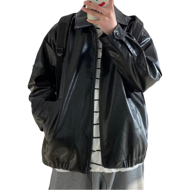 PU chaqueta de cuero de los hombres de moda americana marca calle moda guapo motocicleta estilo chaqueta otoño suelta retro pareja solapa superior