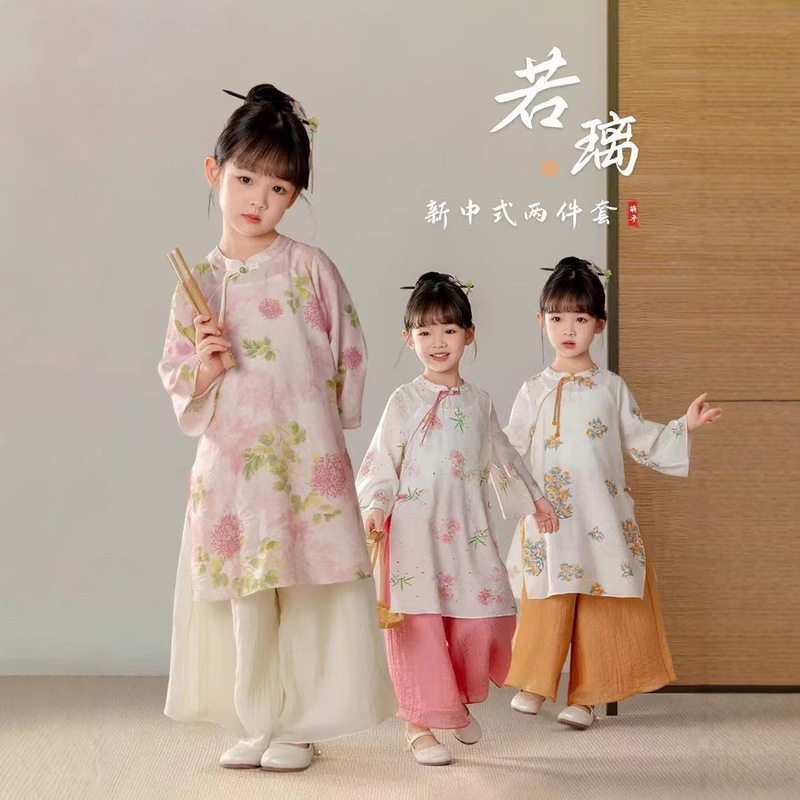 Ruoli New Chinese-style Hanfu Two-piece Set Girls' Summer Buckle Printed Top Pants National Fashion Antique Song Element