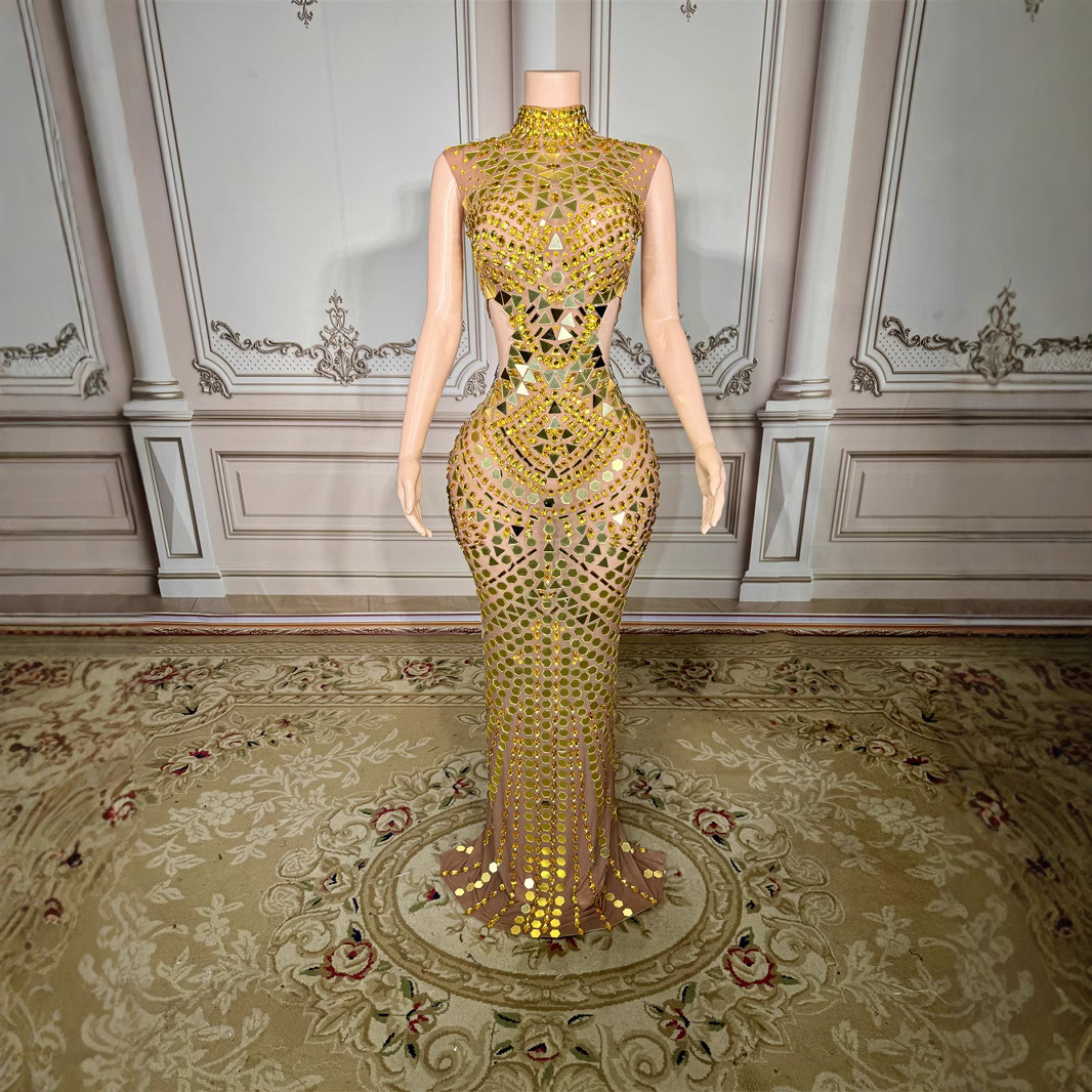 Luxury Mirror Sequins Sheath Halter Trailing Dress