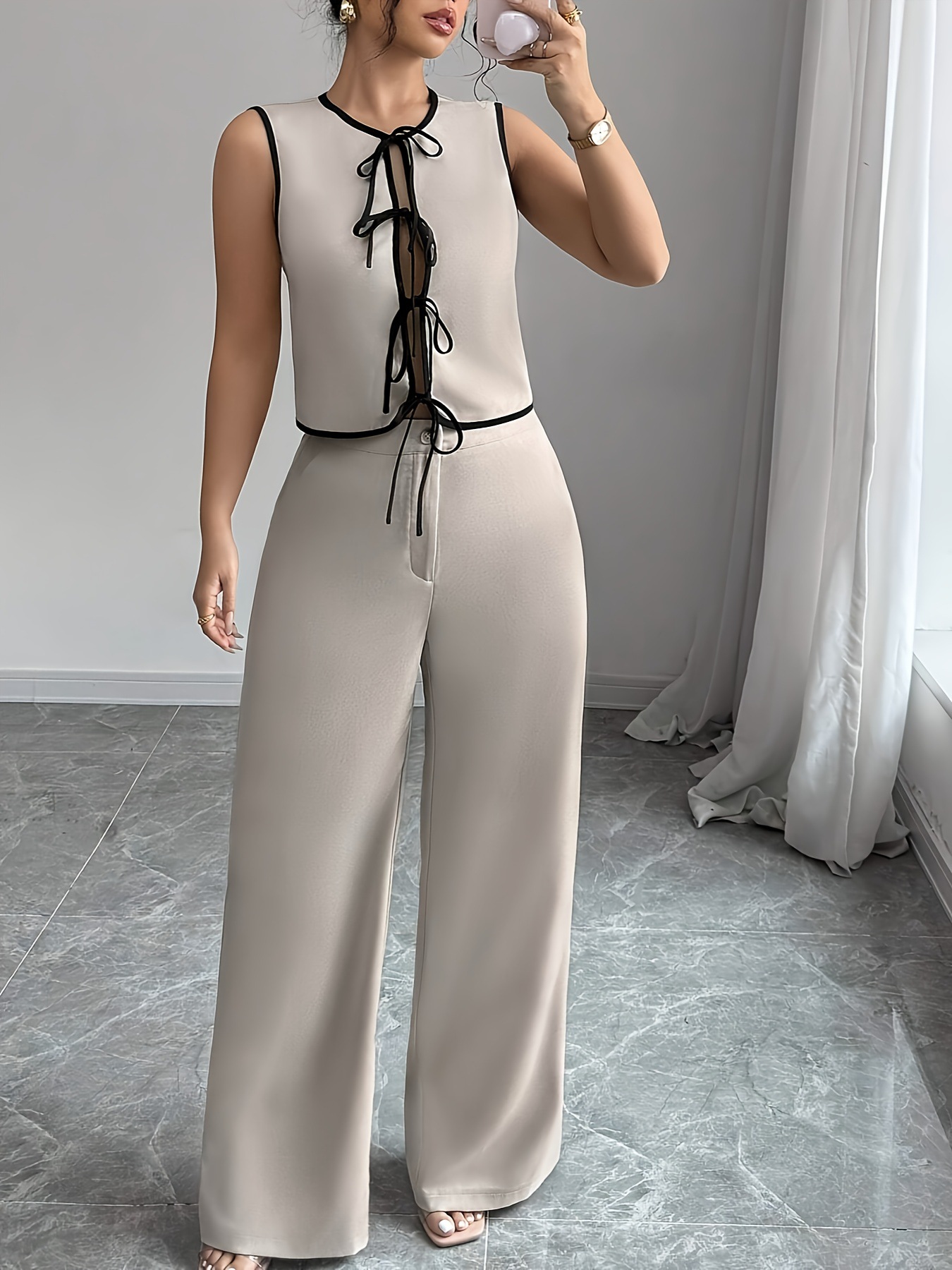 Women's Clothing Contrast Color Bow Tie Shirt Beige Wide Leg Pants Suit_ecoleips.com