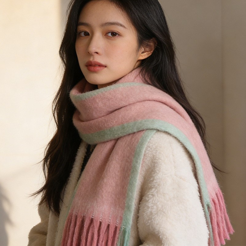 Autumn and Winter Ins-Style Warm Scarf, Korean Version Versatile Cold-Proof Neck Warmer, Solid Color Fluffy Scarf, Shawl with Thick Tassels