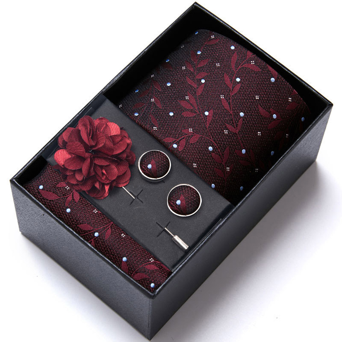 男性の新しい青いストライプのプリントネクタイのスカーフのカフスの胸の花のギフトボックスの包装の贈り物の佳品は祝日に適します。