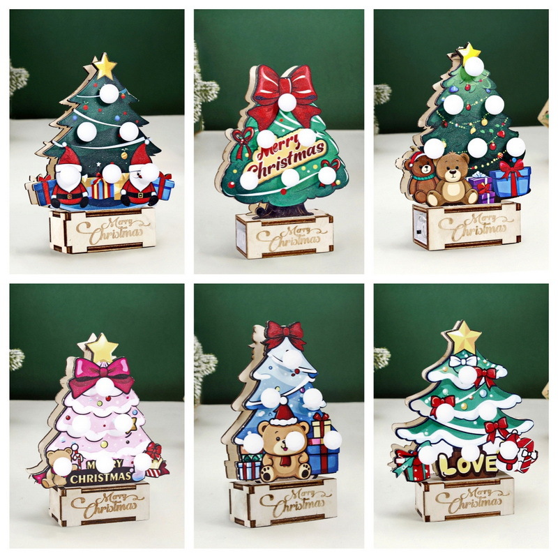 Mini árbol de Navidad de madera, vacaciones navideñas, decoración de fiesta en el hogar, regalo, decoración de árbol pequeño luminoso de mesa