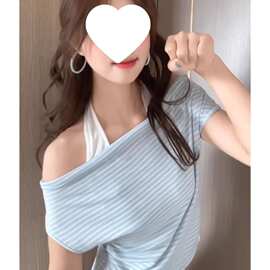 新品衣夏季新款辣妹条纹短袖韩系两件修身恤设计一字上衣肩上无袖