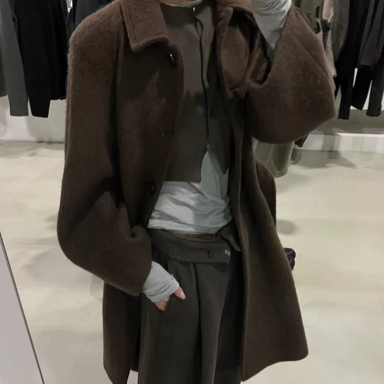 现货2025冬季新韩国东大门am*me*to纯色翻领单排扣绑带大衣外套女