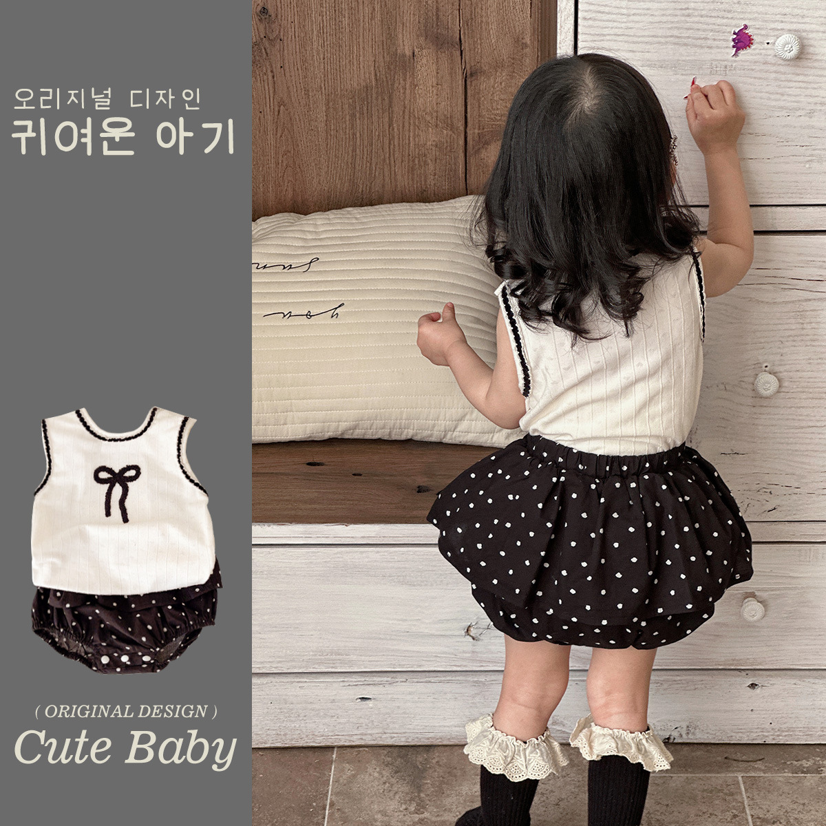 Ropa de verano para bebés y niños pequeños, blusa sin mangas con lazo dulce para bebés, pantalones cortos de pedo con lunares, traje de dos piezas