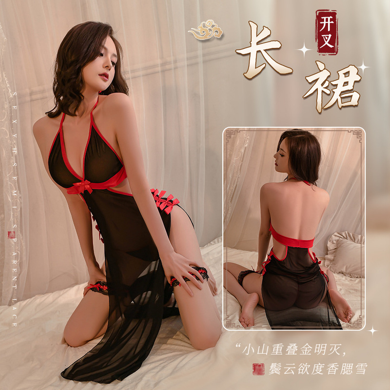 Sexy Underwear Abstinence Department Female Mature Royal Sister suit V Perspective Temptation Three-point Black Yarn High Split Cheongsam