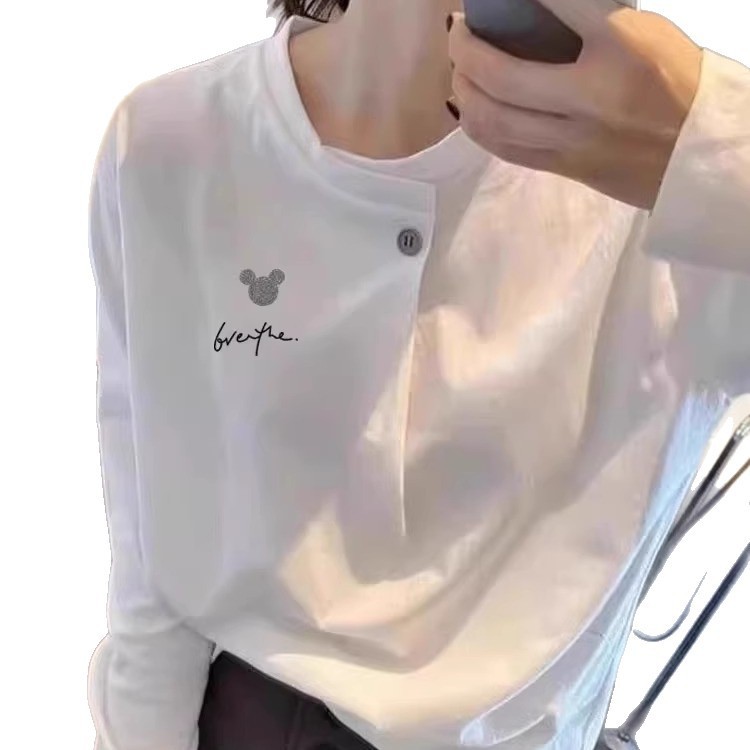 欧货白色棉正肩上衣女春秋季设计感小众打底衫宽松印花长袖T恤|undefined