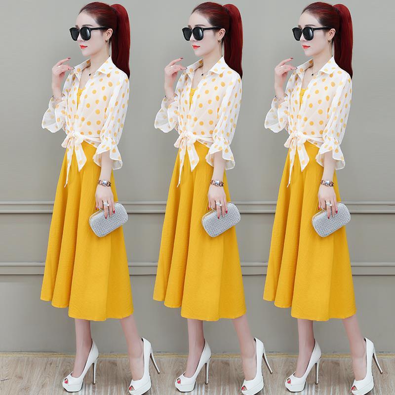 2026 Summer New Polka Dot Shawl Top Sun Protection Outerwear Fairy Mid-Length Camisole Dress Two-Piece Set