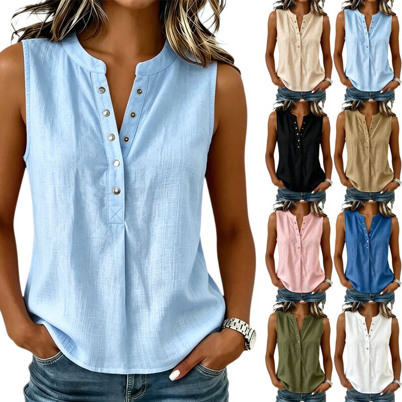 Cross-Border Amazon 2026 New European and American Style Sleeveless Round Neck Button-Up Shirt, Solid Color Loose Casual Top, Summer Women's Clothing Cross-Border Amazon 2026 New European and American Style Sleeveless Round Neck Button-Up Shirt, Solid Color Loose Casual Top, Summer Women's Clothing