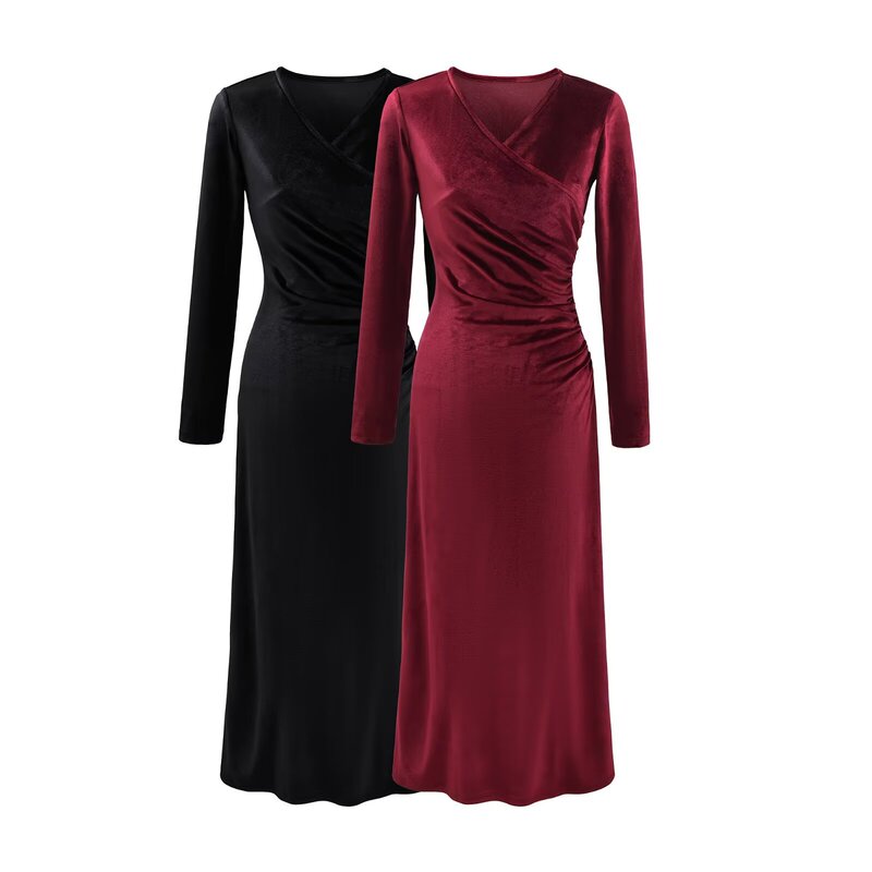 2025 Winter New Product, Ladylike Style V-Neck Slim-Fitting Elegant Velvet Long-Sleeved Fishtail Evening Dress Burgundy Dress