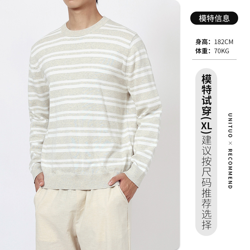 Otoño y invierno viejos suéter de alta gama de estilo de hombre casual versátil de manga larga camiseta a rayas de color contrastante camiseta de punto para hombre
