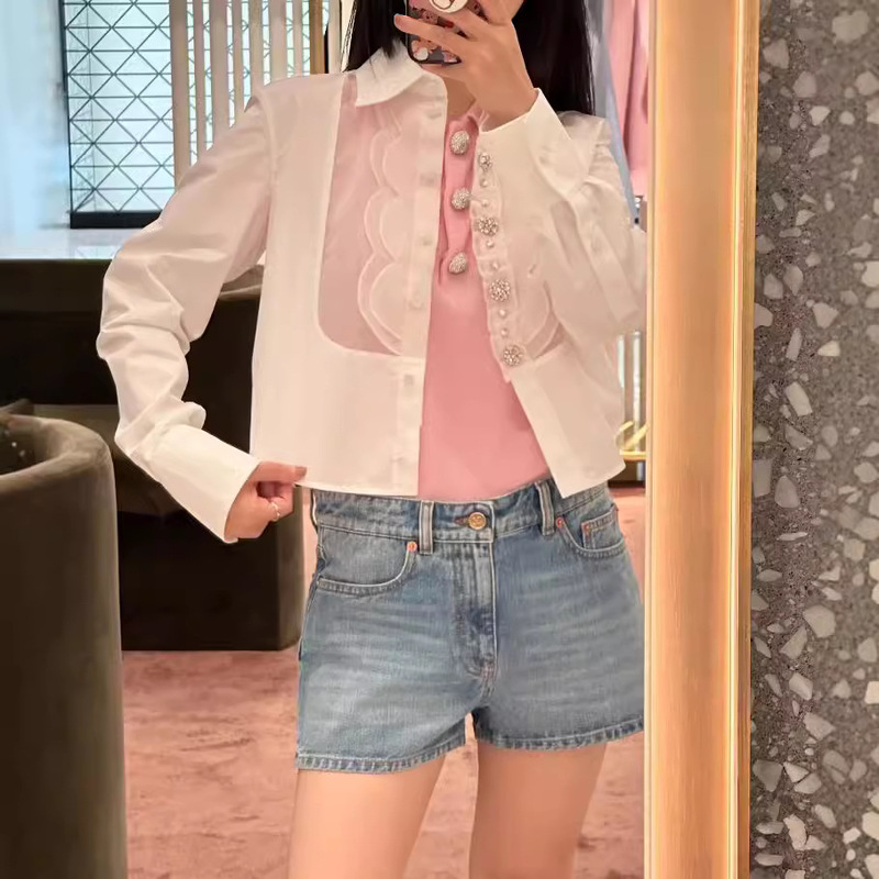2024 Early Autumn New Stitching Organza Short Shirt Water Diamond Button Access Control Design Fresh and Sweet Shirt