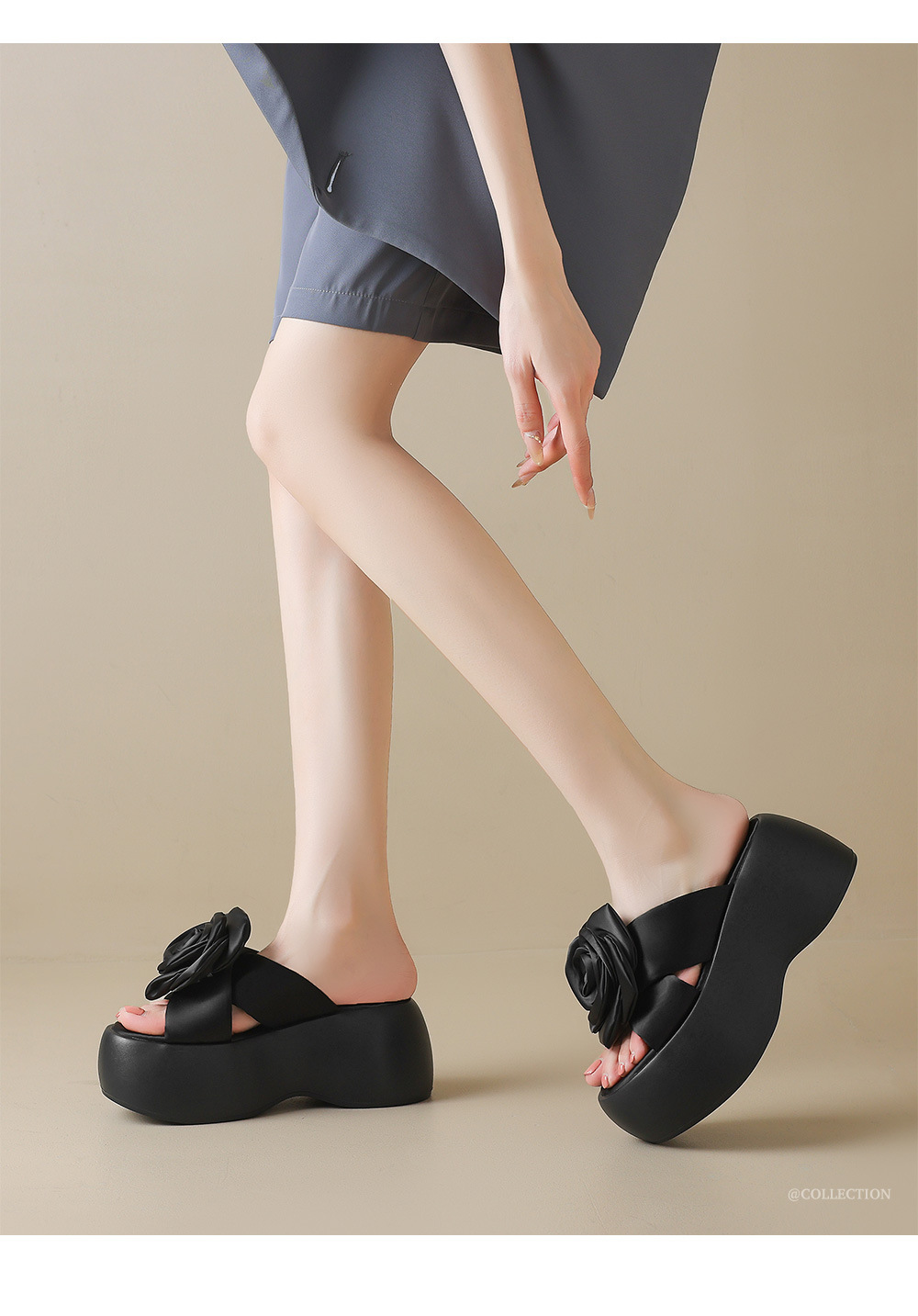 Dép sandal nữ xỏ ngón đế xuồng cao gót platform hoa nổi — Màu đen, Màu mơ chi tiết 1