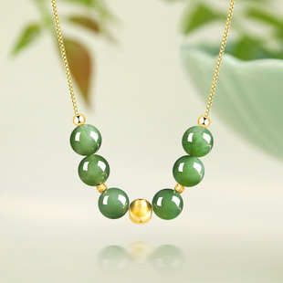 Spinach Green Old Material Hetian Jasper 6mm Round Bead Clavicle Chain Pendant S925 Silver Natural Jade Women's Necklace