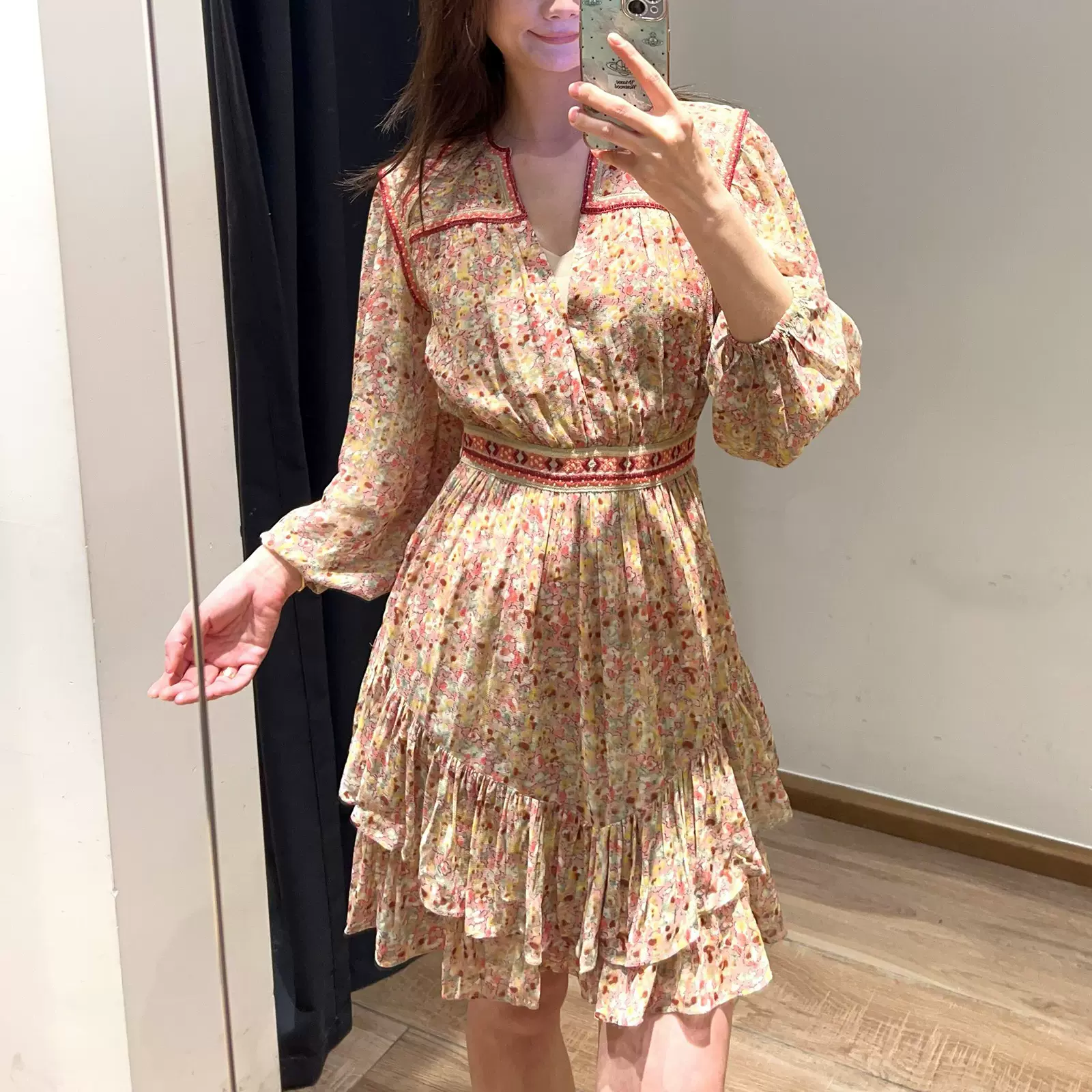 BS25春夏法式优雅印花度假连衣裙层叠荷叶边高腰泡泡袖裙1E25LOLY