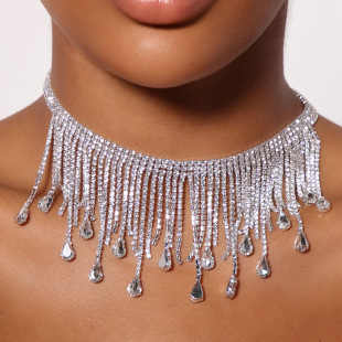 Amazon Hot Selling Waterfall Tassel Water Drop Necklace Women Simple Light Luxury Rhinestone Neck Chain Bridal Banquet Fashion Accessories