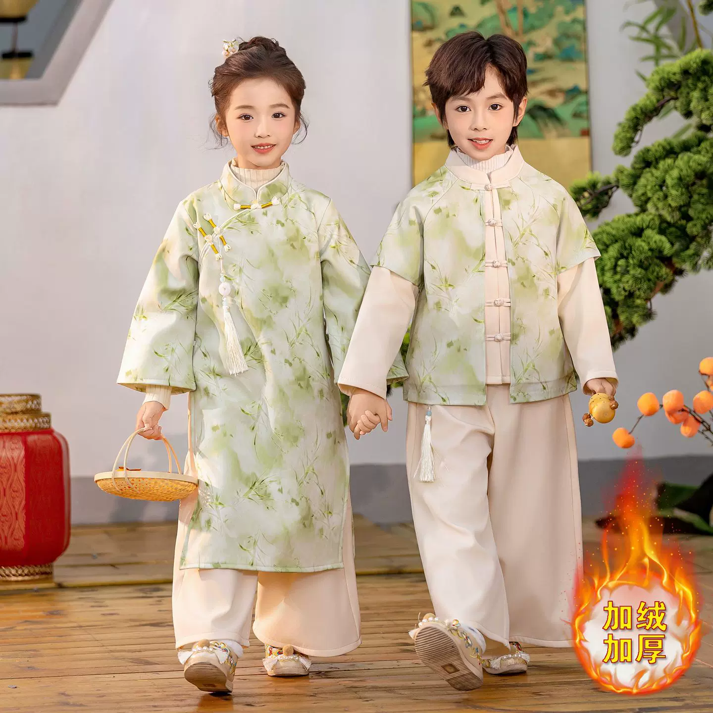 男女童新中式汉服套装2025新款秋冬季加绒国风唐装儿童元旦演出服