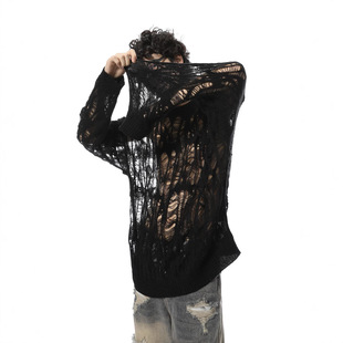 Early Autumn Design New Hollow Loose Thin Knitwear Men's and Women's Retro Destruction Niche Long-sleeved T-shirt Round Neck