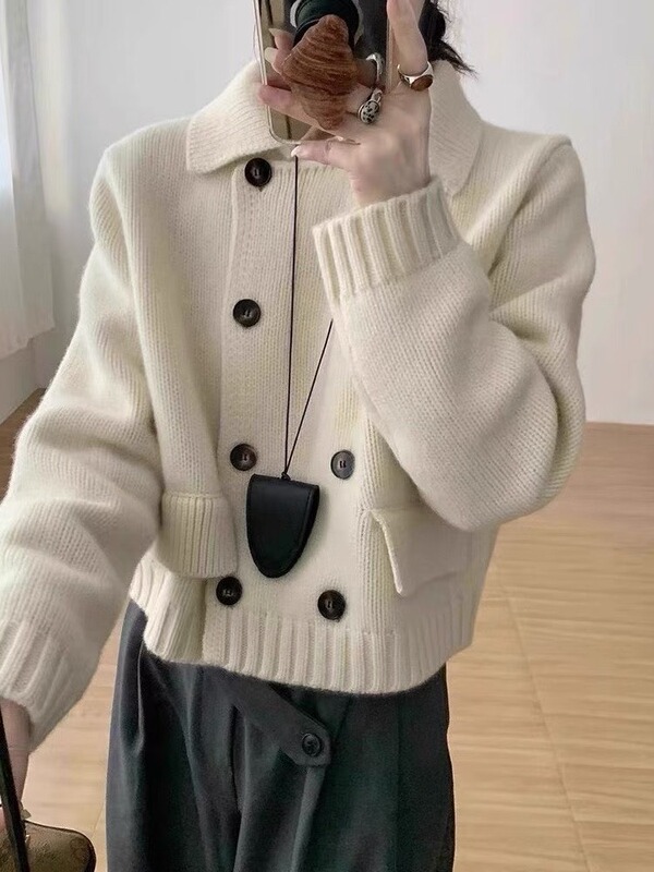 2025新款跨境秋冬新款双排扣假口袋翻领针织开衫毛衣外套女士外套|undefined