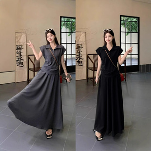 Plus Size Korean Style Polo Collar Sleeveless Waistcoat Pleated Top Women's High Waist Half-Length Skirt Two-Piece Set