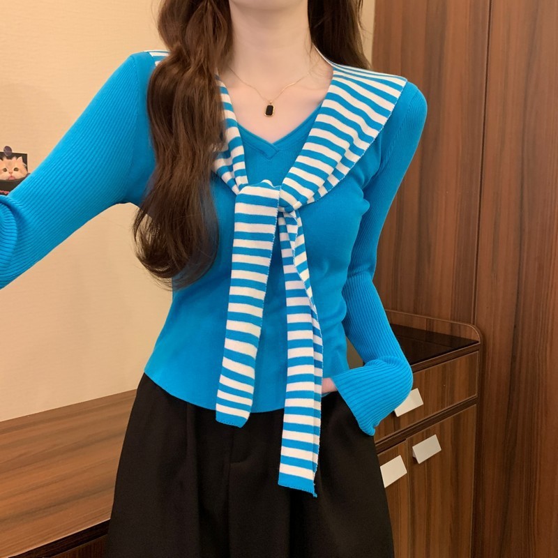 韩系海军领披肩针织打底衫女秋季设计感小众chic别致内搭短款上衣|undefined