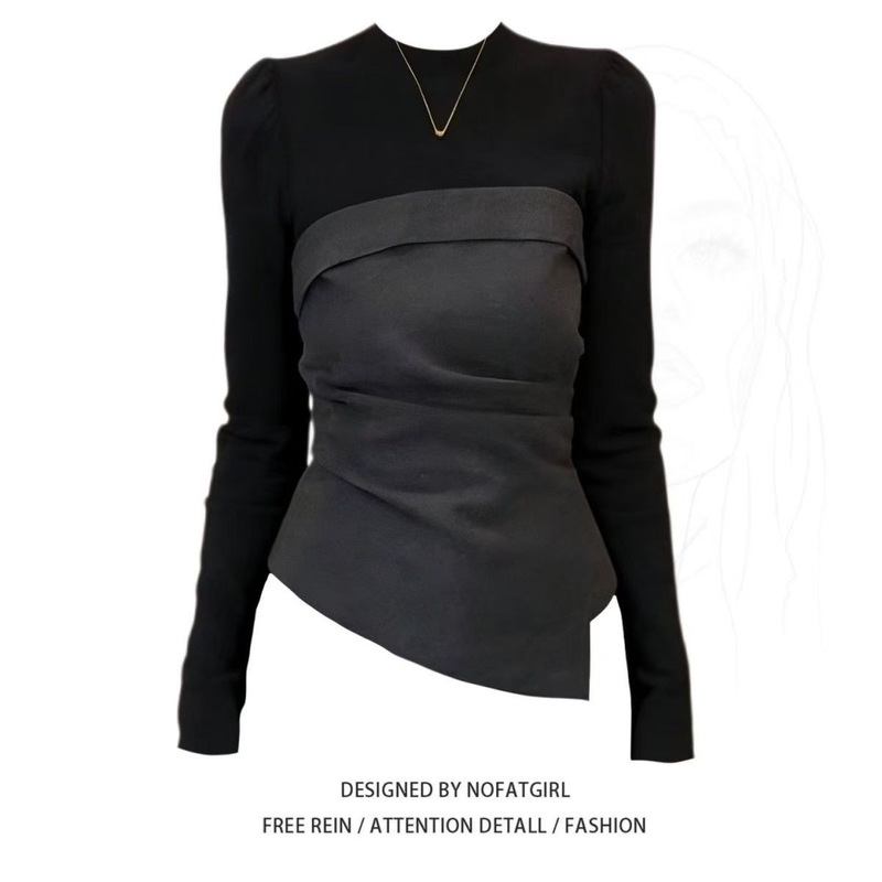 2026 new black patchwork long-sleeve T-shirt for women, spring slim-fit design, niche base layer top