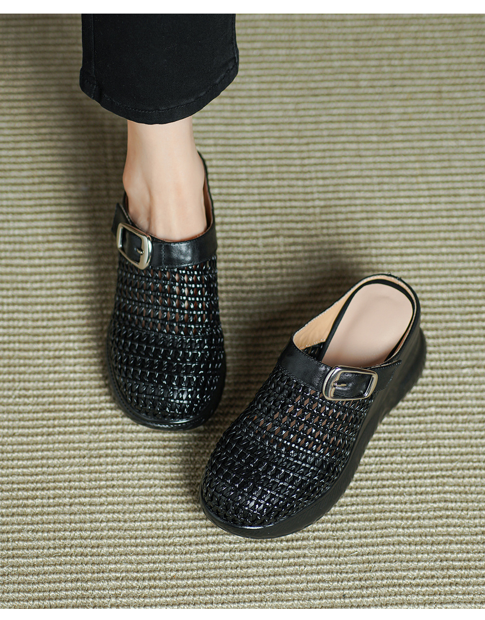 Sandal cao gót nữ mũi hở đế xuồng 8.5cm da thật kiểu La Mã đan lưới — màu đen, màu mơ chi tiết 8