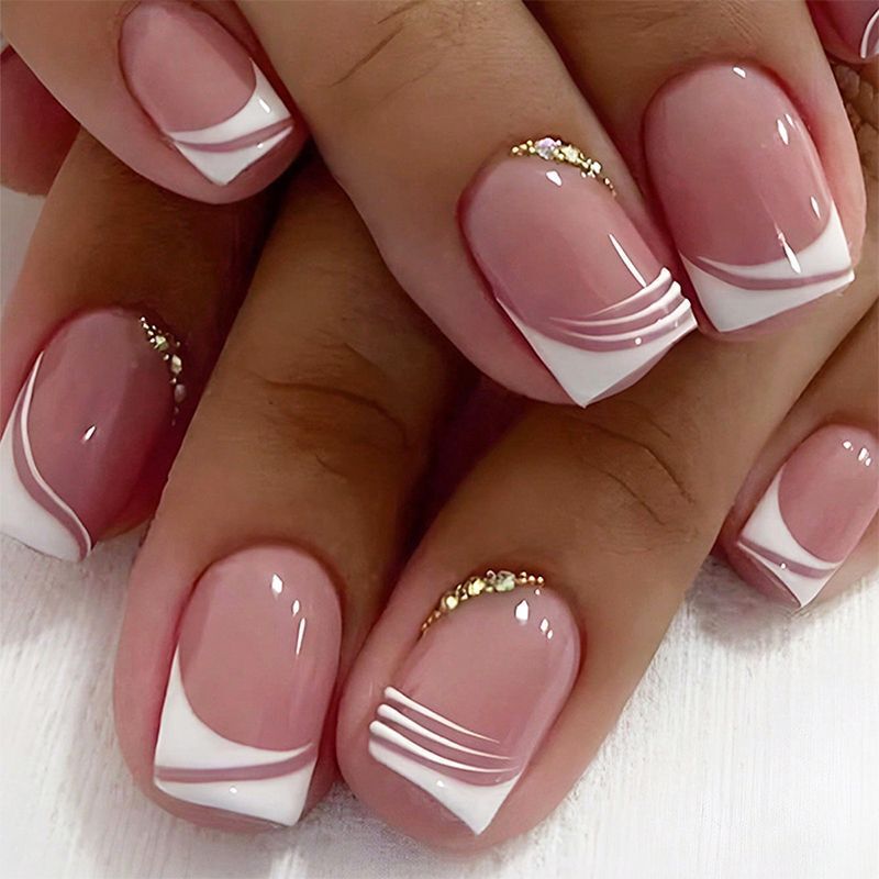 Cross-Border Hot-Selling New Style Wearable Nails, Simple and Fashionable White French-Style Medium-Sized Glitter Rhinestone Nail Art, 24 Pieces Wholesale Cross-Border Hot-Selling New Style Wearable Nails, Simple and Fashionable White French-Style Medium-Sized Glitter Rhinestone Nail Art, 24 Pieces Wholesale