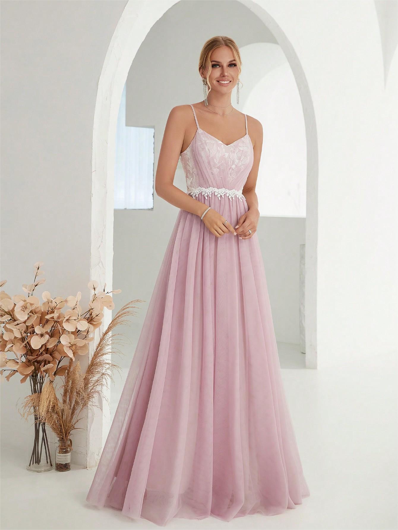 Women Suspender Evening Dress Mesh Cross Fold Lace Contrast Color Maxi Dress Summer