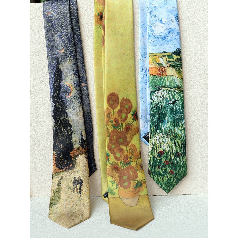 Fabricantes de corbatas casuales transfronterizas retro nicho guapo estilo de pintura al óleo de patrón de lujo fresco de alto nivel de sensación de mano uniforme image 4
