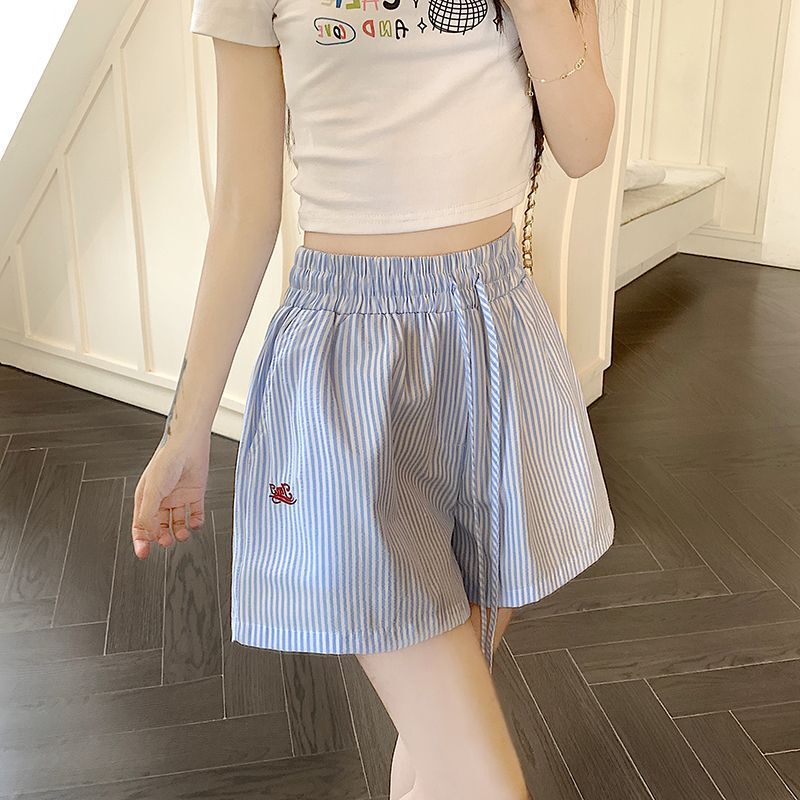 縦ストライプ巾着レター刺繍ワイドレッグショーツレディースルーズサマーホットパンツカジュアルレディースパンツ直接配送|undefined